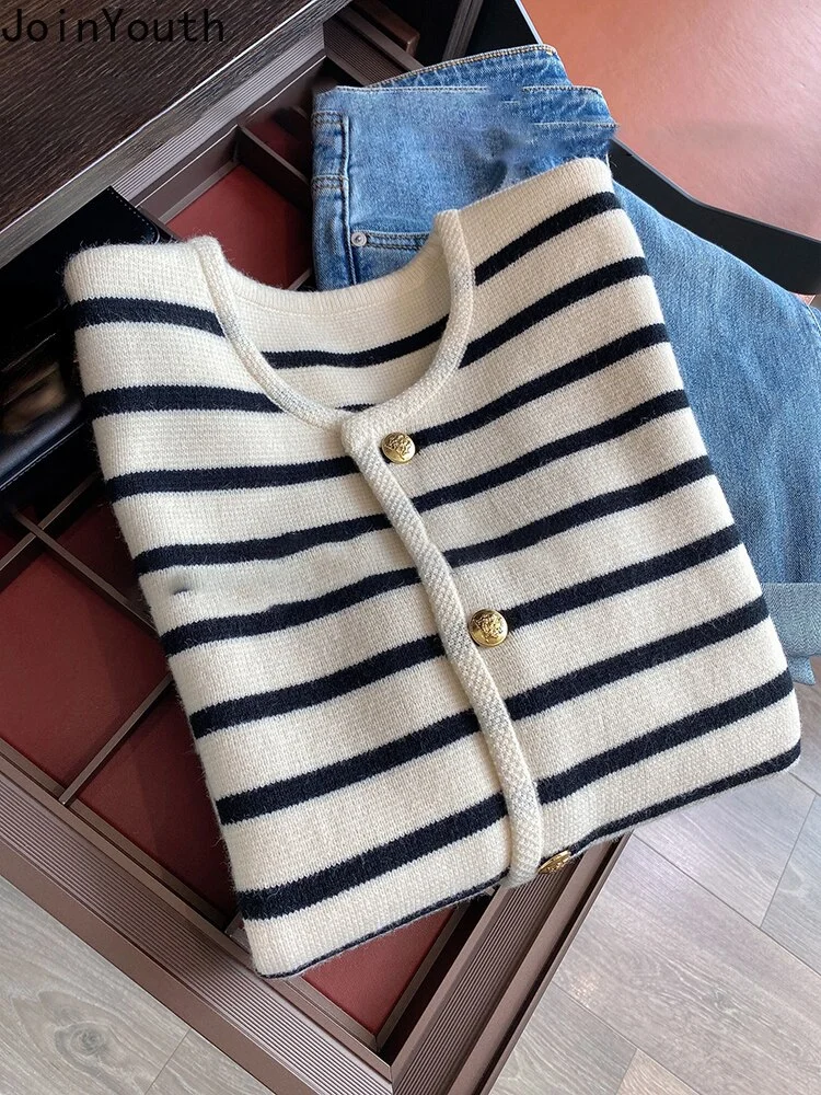 Nigikala Striped Cardigan Coat Women's Clothing O-neck Long Sleeve Sweet Knitted Korean Sweater Tops Pull Femme 2022 Ropa Mujer -331-1
