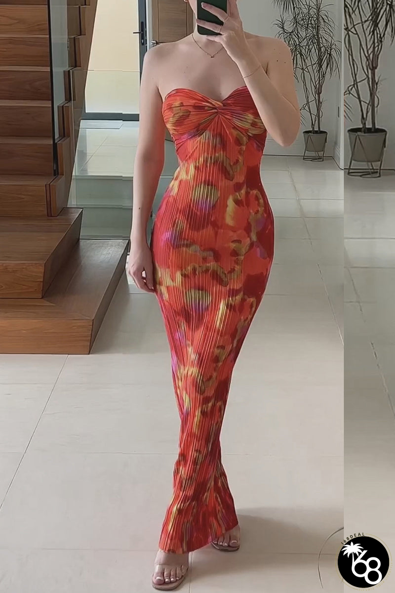 Sexy Vacation Geometric Print Fold Strapless One Step Skirt Dresses | 168DEAL