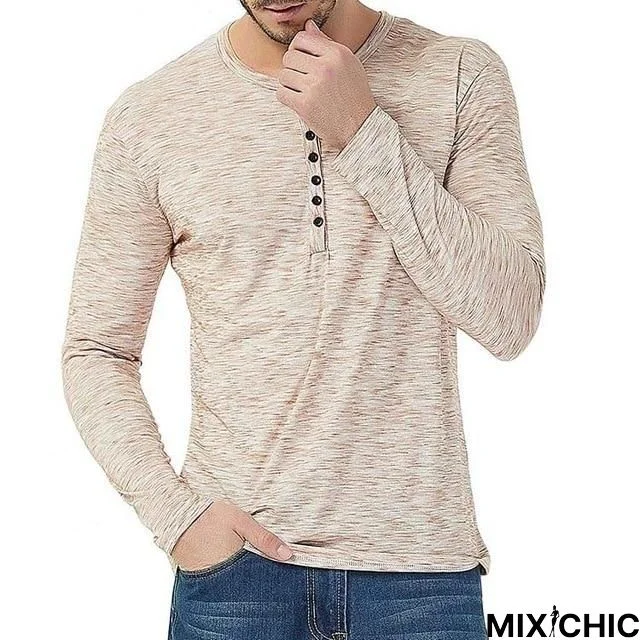 Men Slim Fit Tee Shirt Autumn Spring Henley T-Shirt Streetwear Button Collar Hipster T-Shirt Men Clothing Basic Top