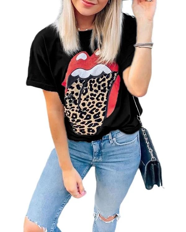 women lip printed leopard t shirt p98226