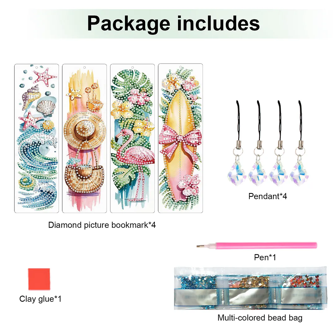 4Pcs Tropical Beach Style DIY Diamond Painting Bookmark with Crystal Pendants Diamond Painting Art Bookmarks Special Shape for DIY Making Beginners Adult Arts Craft Supplies