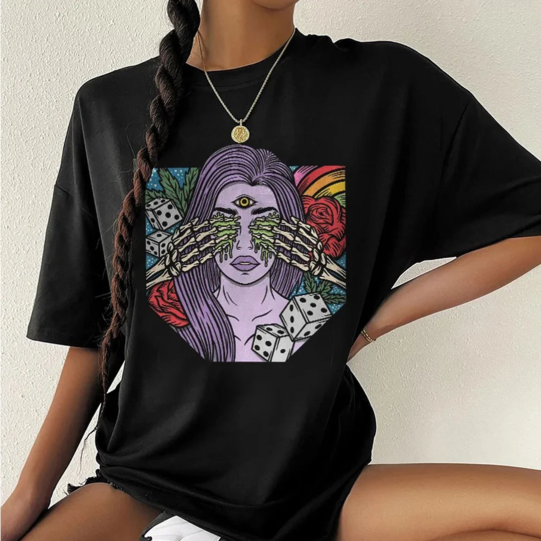 Skeleton Hand Covering Girl's Eyes Graphic Black Print Loose-fit T-shirt