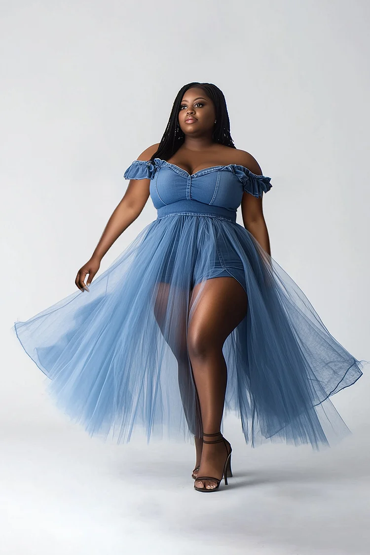 Xpluswear Design Plus Size Party Blue Casual Off The Shoulder See Through Tulle Tencel Denim Midi Dresses [Pre-Order]