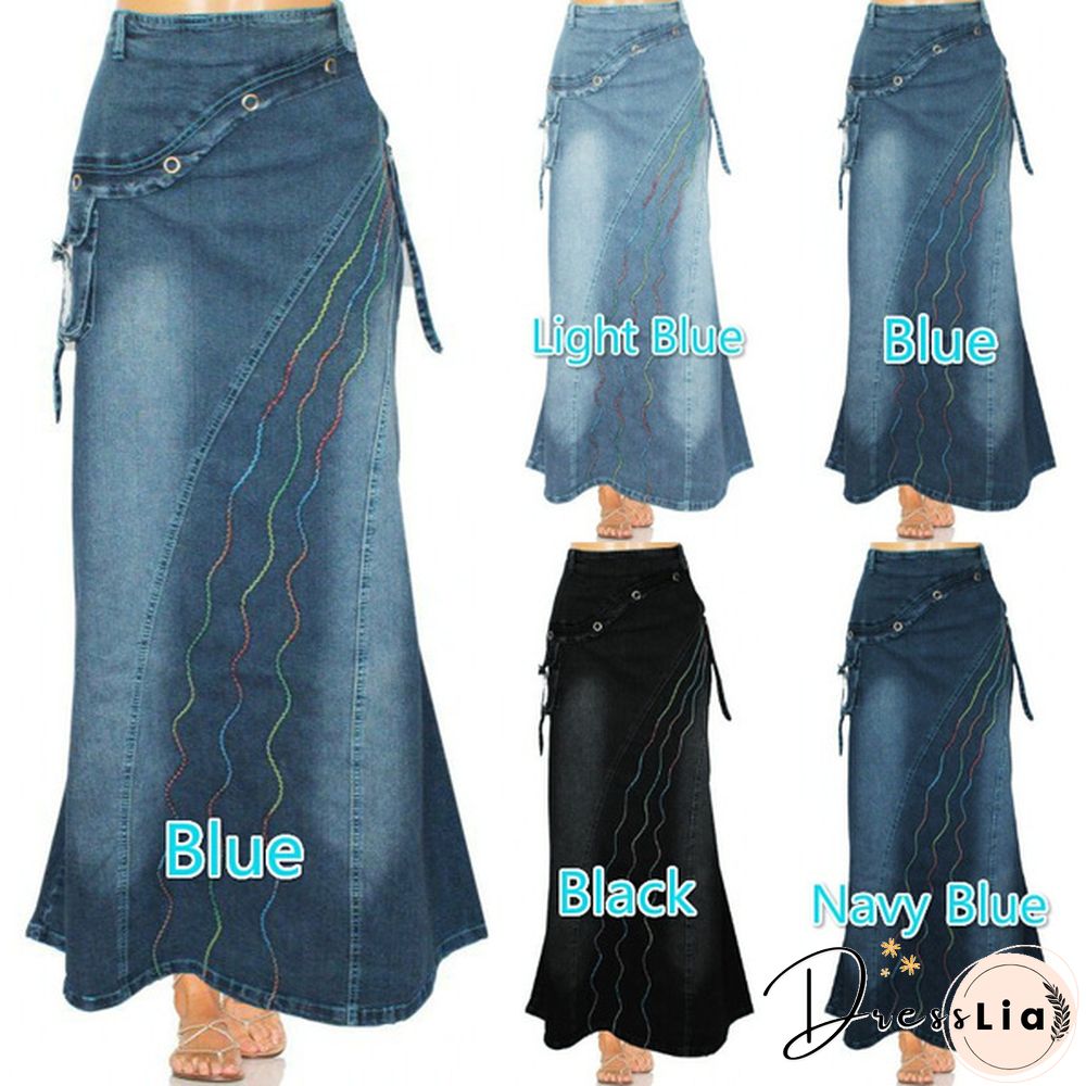 Women Fashion Casaul Stretch Cargo Denim Skirt Bell Skirt Floor Length Washed Denim Jeans Skirt Plus Size