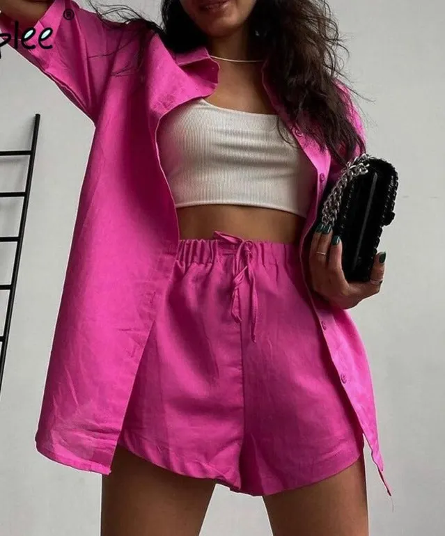 Casual Lace Short Sleeve Summer Set Women Loose Button Two-Piece Sport Sets Elastic Waist
