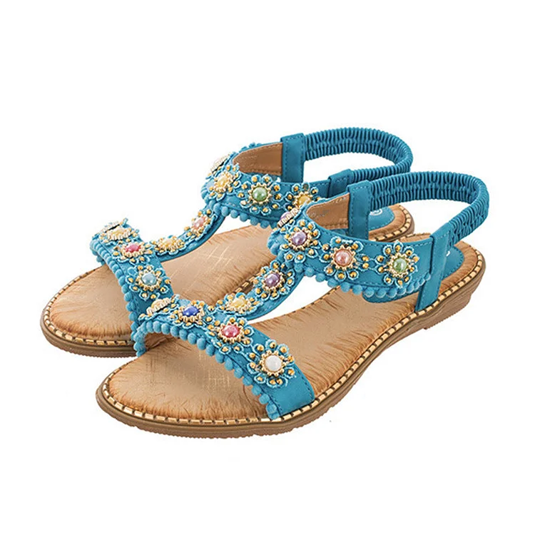 Vanccy Bohemian Colored Pearls Comfortable Flat Sandals QueenFunky