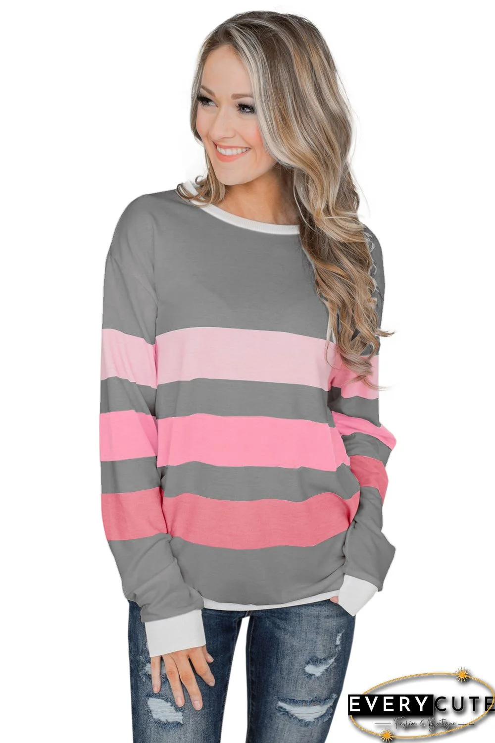 Gray Dreaming of Spring Striped Pullover Top