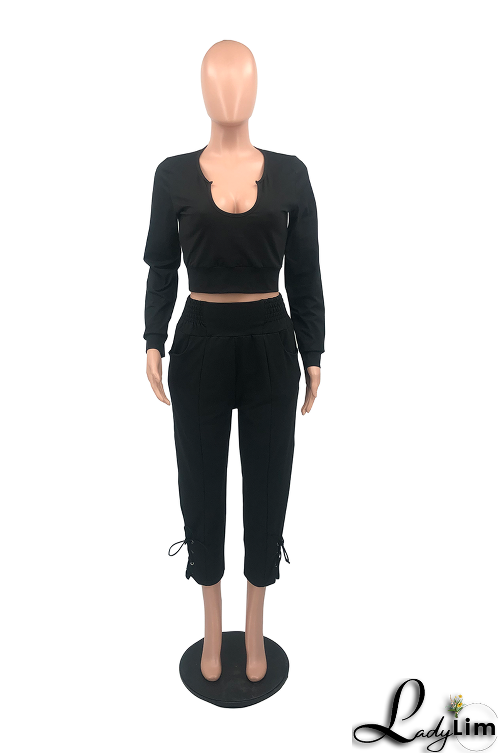 Blue Fashion Solid Draw String U Neck Long Sleeve Two Pieces