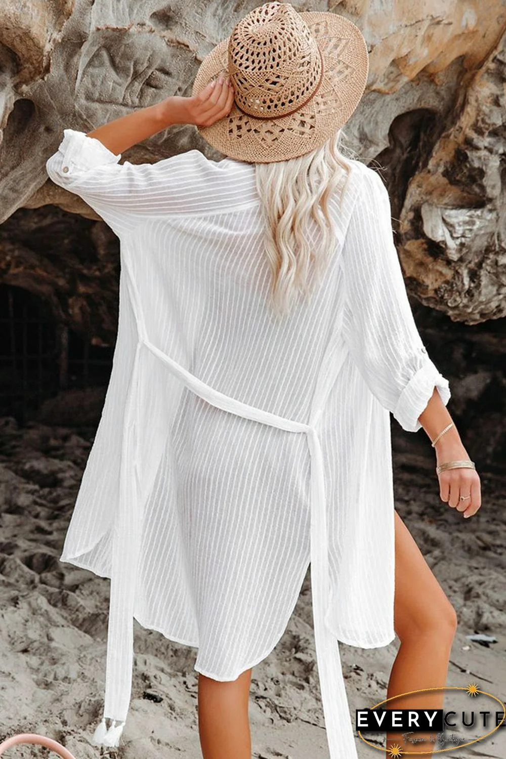 White Striped Shirt Dress Beach Cover up with Belt