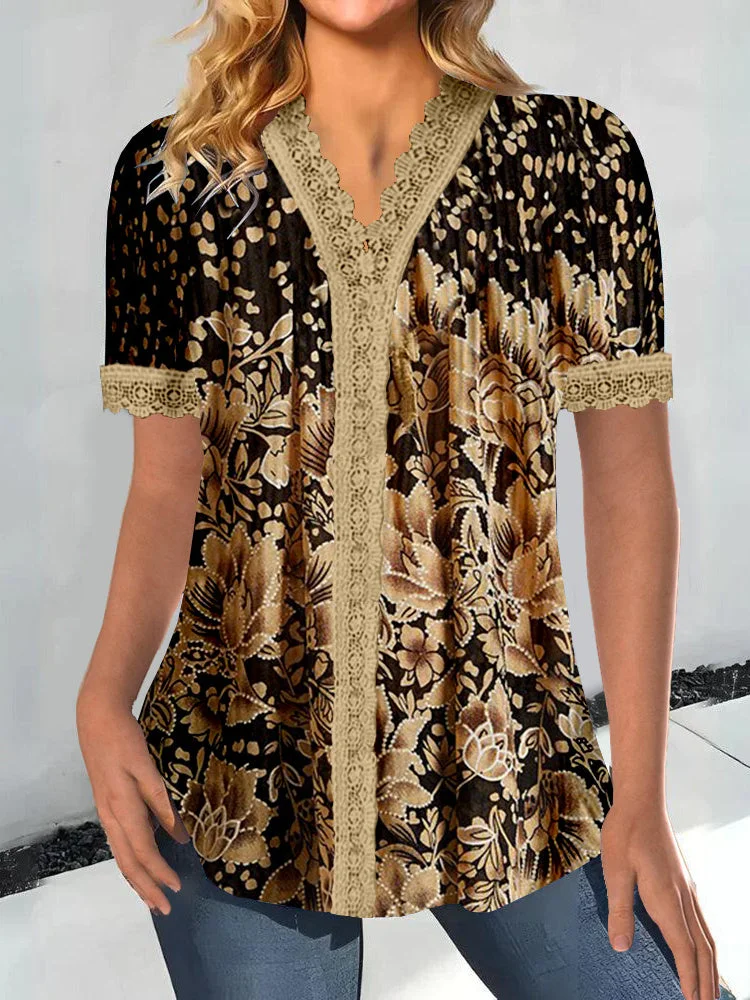 Women Short Sleeve V-neck Floral Printed Printed Graphic Lace Tops