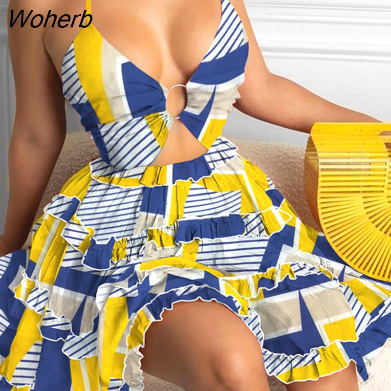 Woherb Women Elegant Printed Halter Neck Backless Cascading Ruffles Fit  Flare Big Swing Beach Dresses 2023 Summer Boho Dress