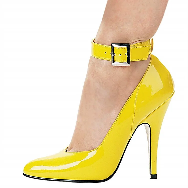 Yellow Patent Leather Ankle Strap Heels Buckle Stiletto Heel Pumps |FSJ Shoes
