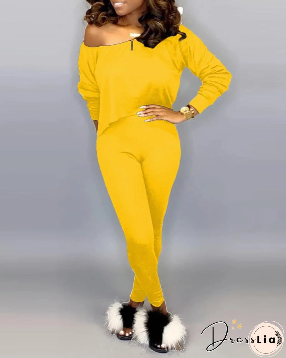 Solid Long Sleeve Top & High Waist Pants Set