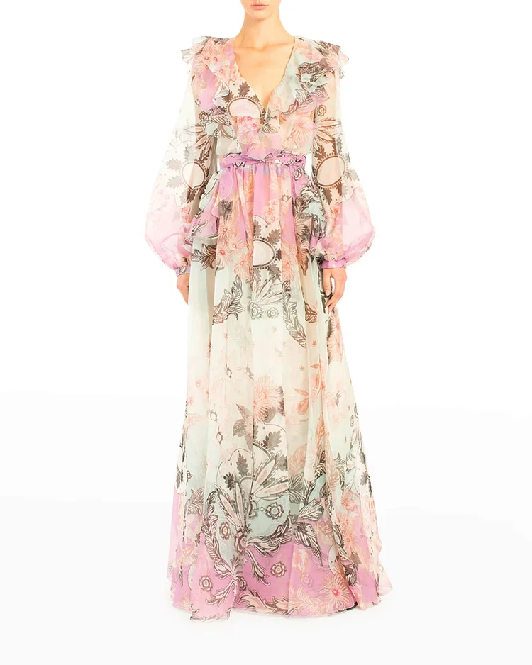 Floral-Print Balloon-Sleeve Ruffle Silk Organza Gown Dress