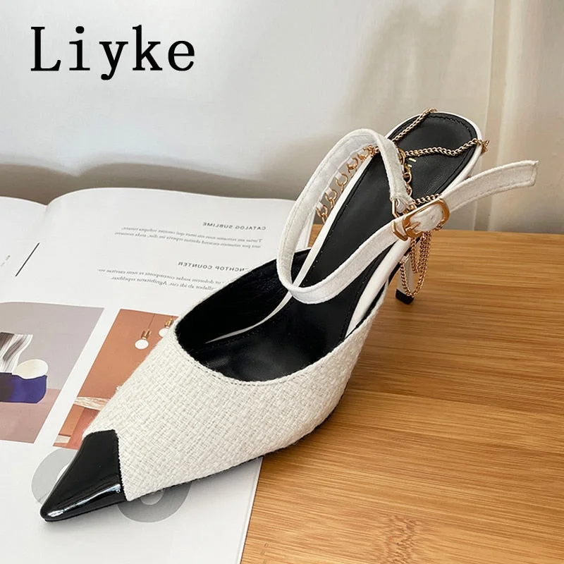 Size 35-40 Woman Pumps High Heels Fashion Chain Decoration Hollow Elegant Stiletto Sandals Pointed Toe Party Shoes For Women