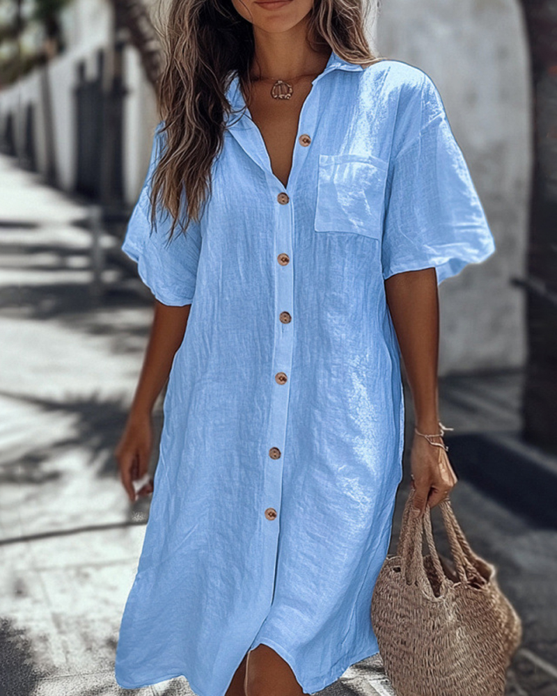 Shirt Collar Short Sleeve Single Breasted Solid Color Midi Dress