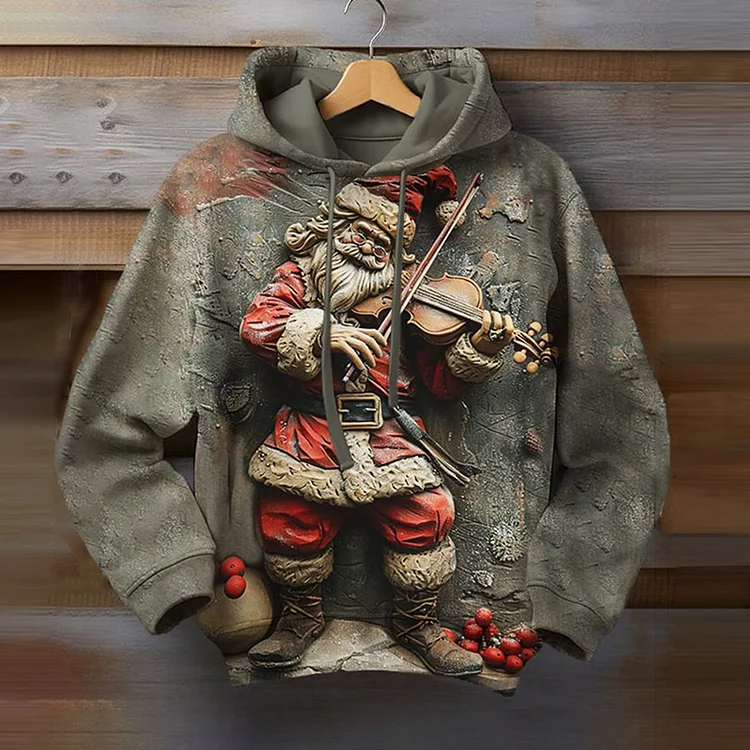 Men's Santa Claus Playing Guitar Art Print Casual Hoodie
