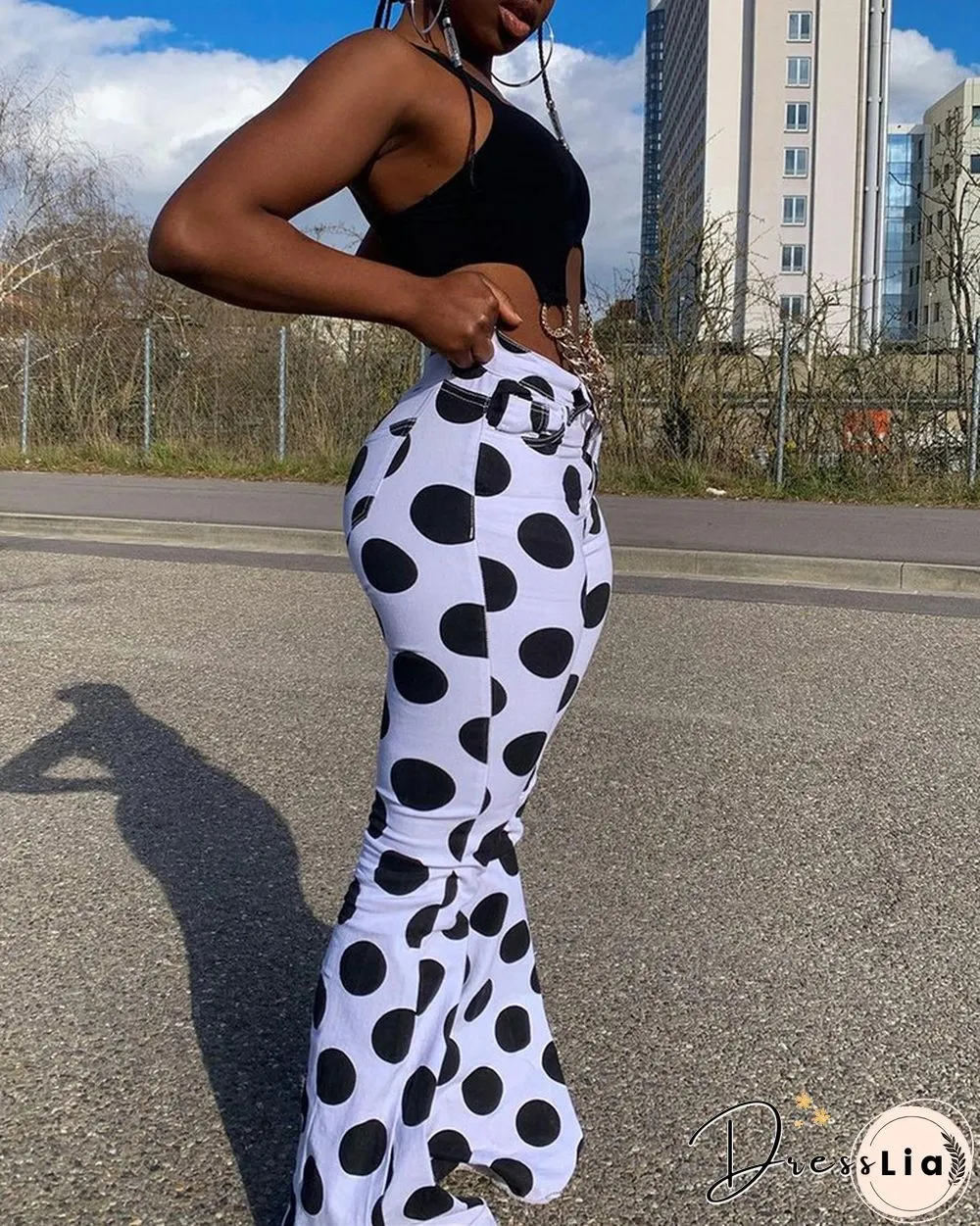 Polka Dot Print Pocket Design Bootcut Pants