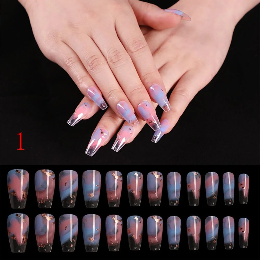 24Pcs Long Coffin Fake Nails European Rainbow Ballerina Full Nail Art Tips Colorful Beauty Artificial False Nails Extention Tool