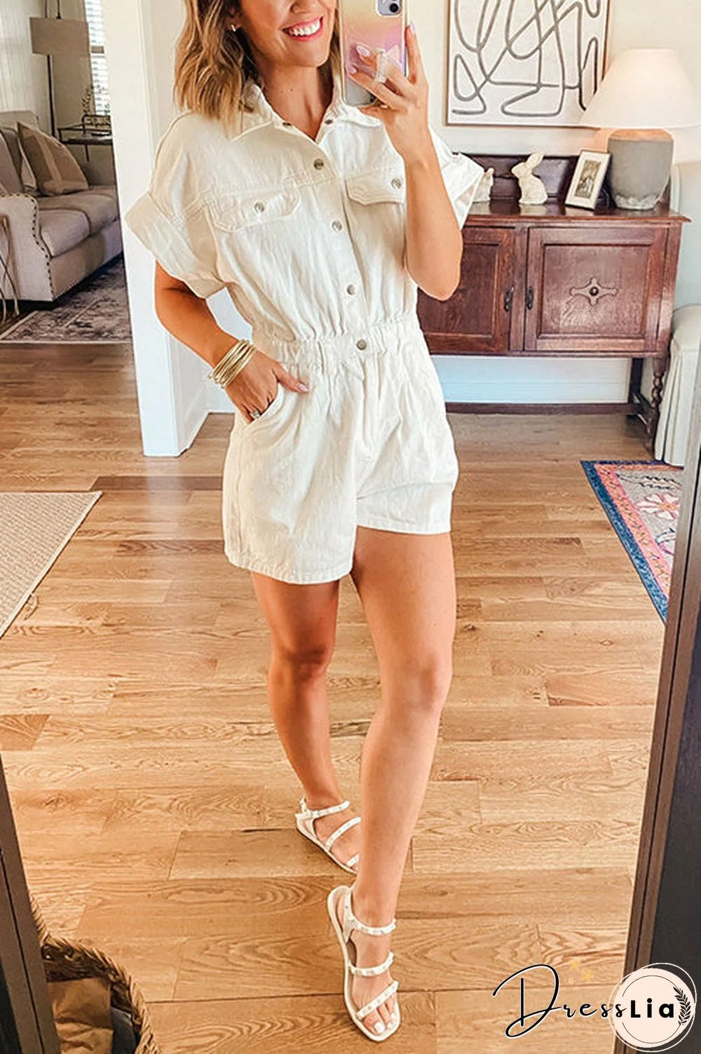 Pockets Button Short Sleeve Denim Romper