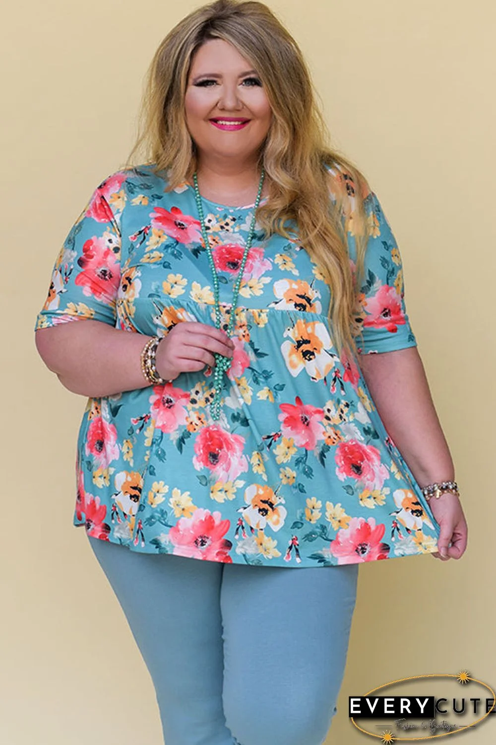 Sky Blue Plus Size Floral Print Short Sleeve Flowy Top