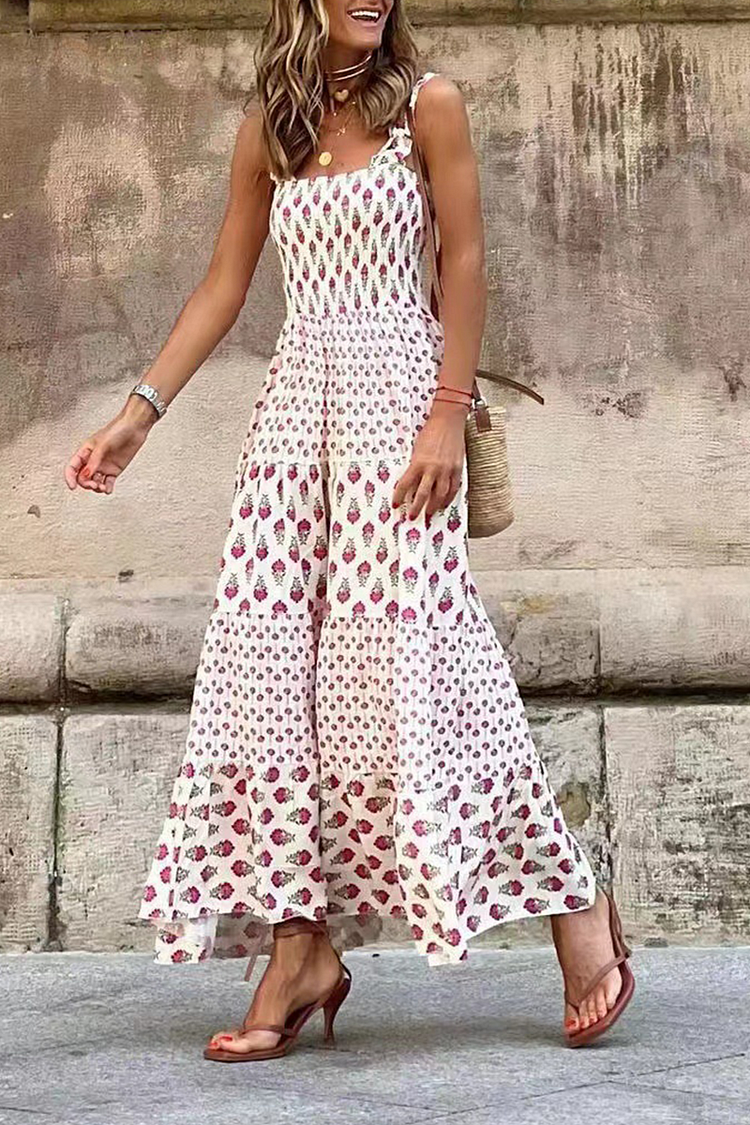 Casual Print Flounce Square Collar Cake Skirt Dresses - Life is Beautiful for You - SheChoic