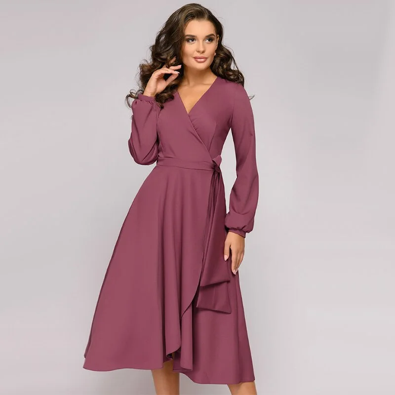 Women Vintage Sashes A-line Party Dress Long Sleeve Sexy V neck Solid Elegant Casual Beach Dress 2020 Summer New Fashion Dress