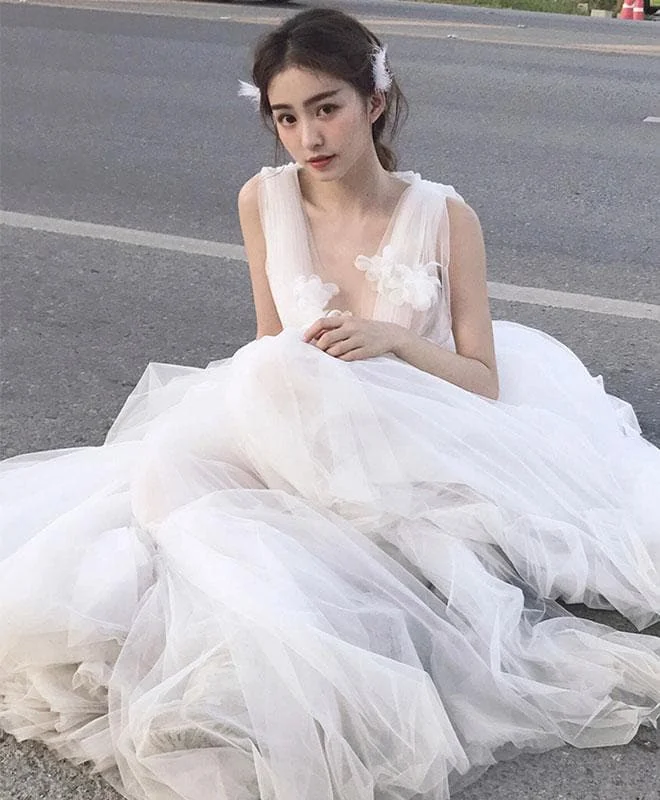 Elegant V Neck Tulle Long Prom Dress, White Tulle Evening Dress