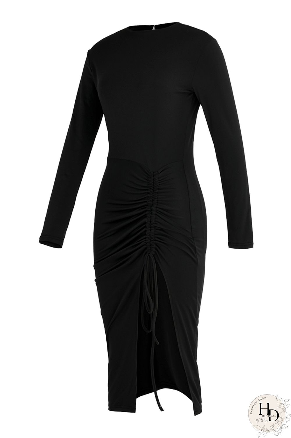 Burgundy Fashion Solid Bandage Draw String Slit O Neck Long Sleeve Dresses