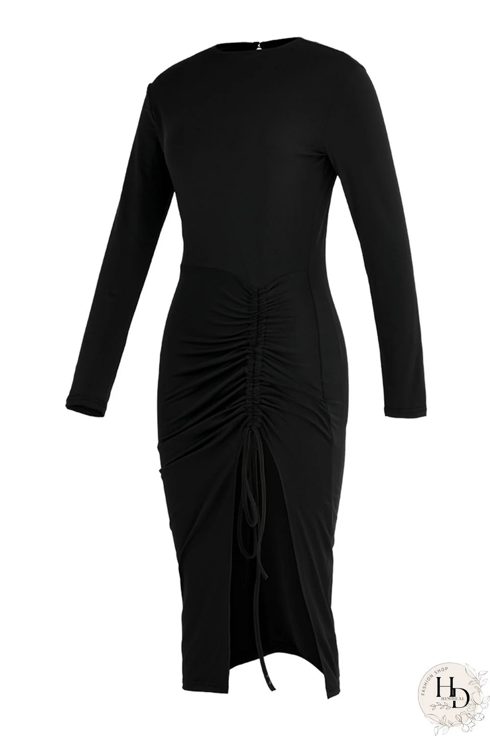 Burgundy Fashion Solid Bandage Draw String Slit O Neck Long Sleeve Dresses