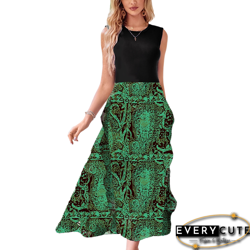 Green Sleeveless Print Dress with Split
