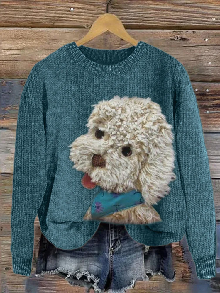 VChics Fuzzy Dog Plush Patchwork Knit Sweater