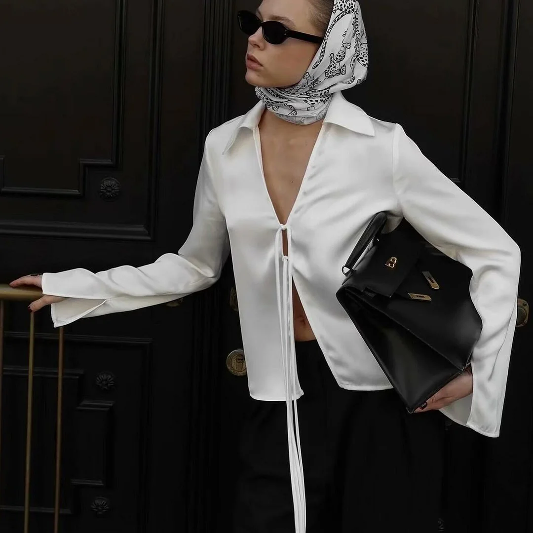 Nigikala Nigikala New Women's Fashion Temperament With Acetic Acid Tying Shirt