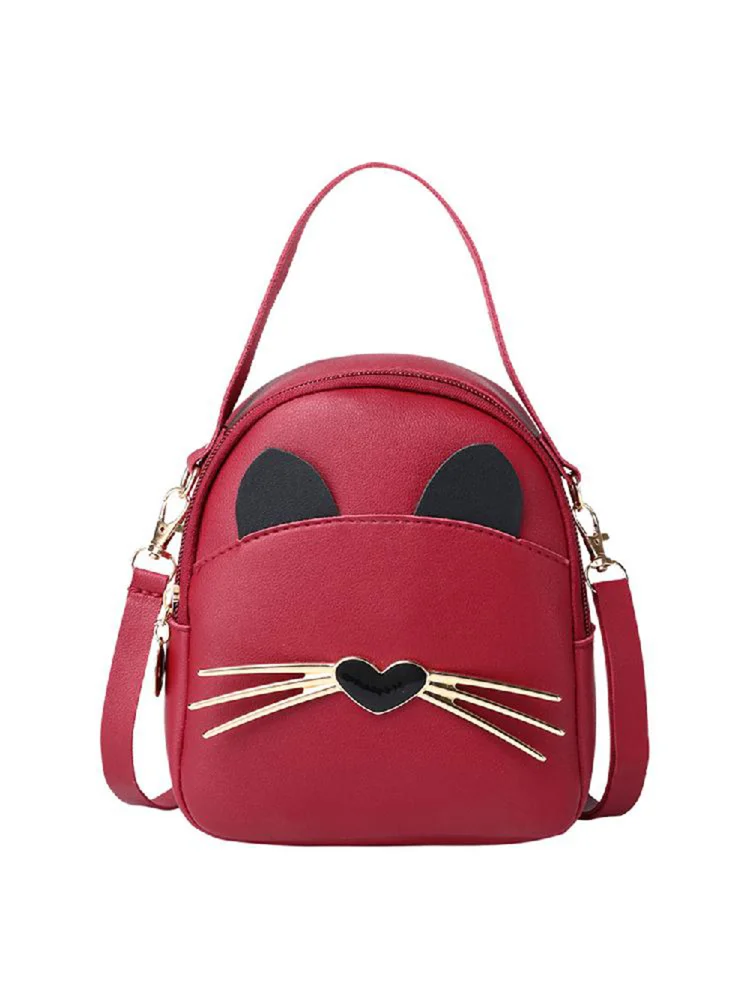 Women PU Leather Crossbody Messenger Bag Cute Cat Shoulder Backpack (Red)