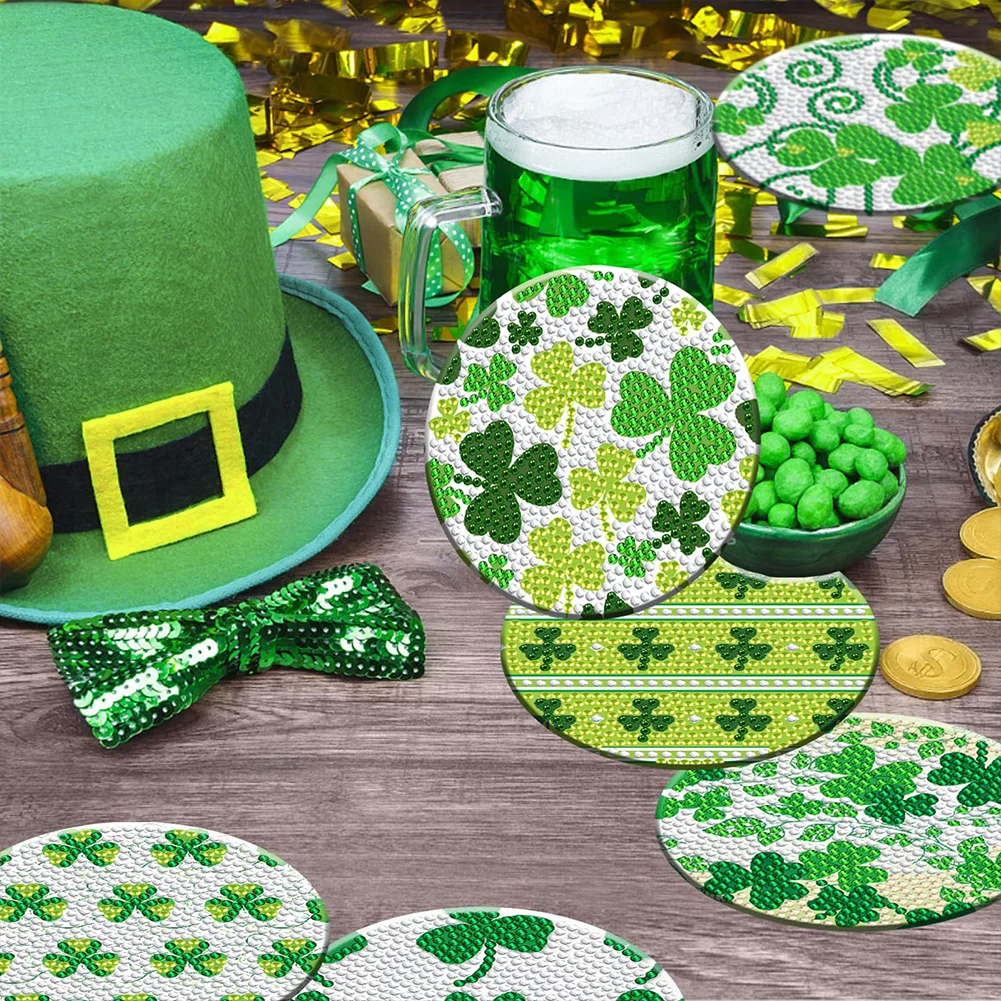 8pcs DIY Saint Patricks Day Wooden Diamond Painting Art Coaster Kit with Holder for Adults Kids