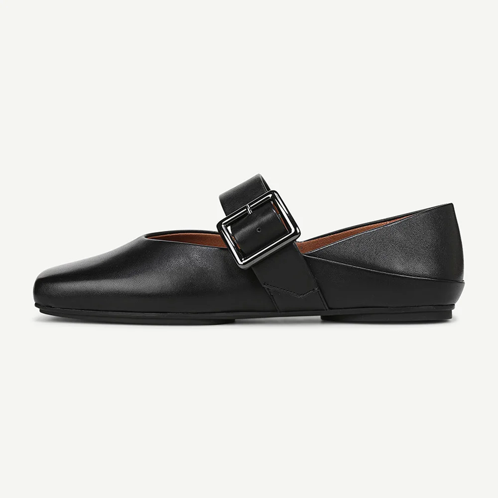 Classic Black Closed Square Toe Flat Mary Jane Shoes with Buckle