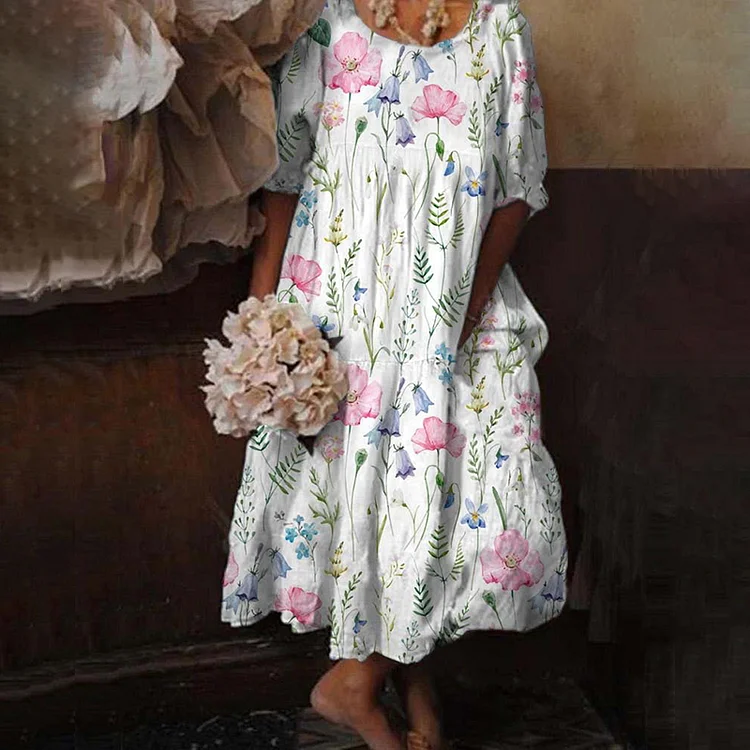 VChics Vintage Bohemian Floral Casual Spring Midi Dress