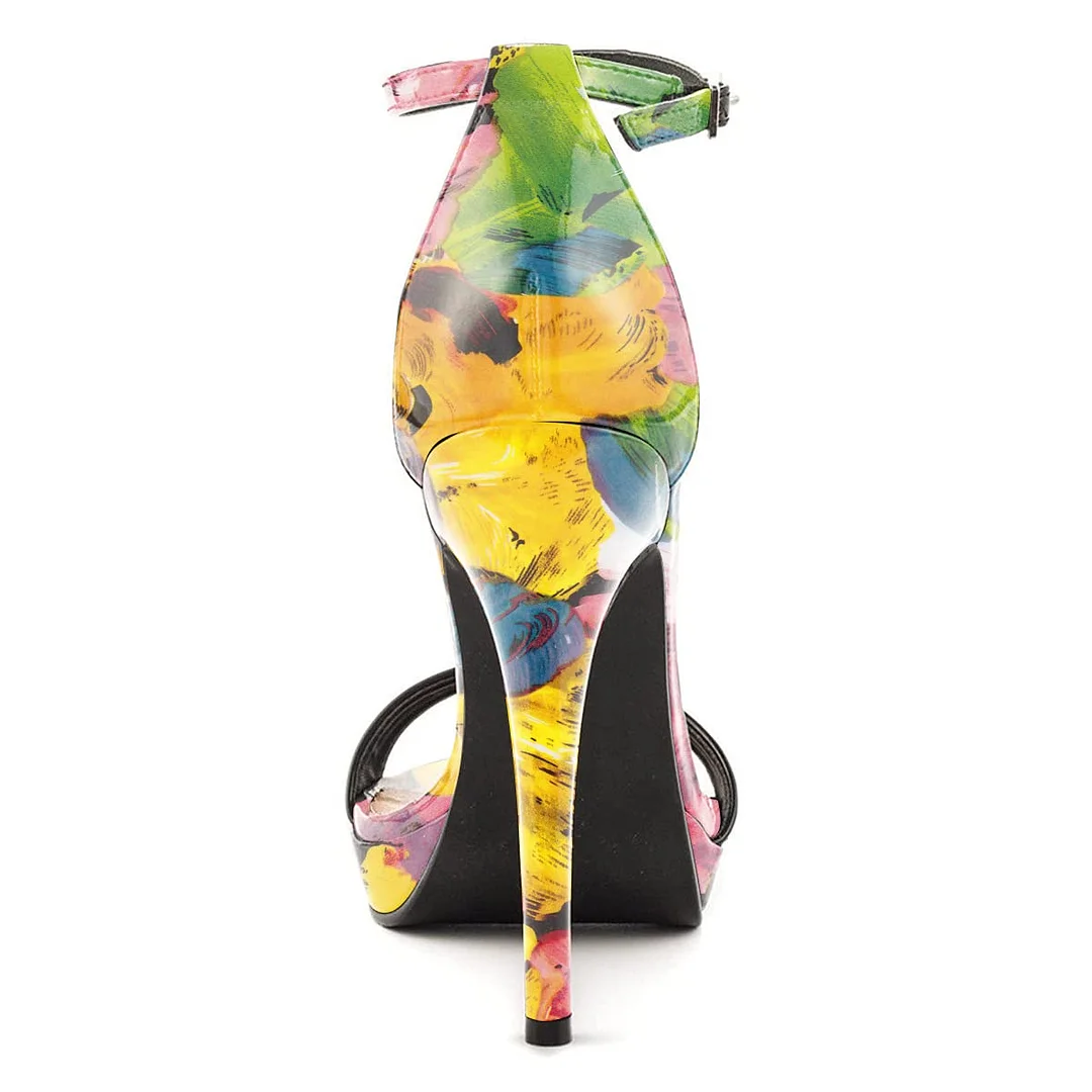 Ankle Strap Multicolor Floral Print Open Toe Stiletto Heeled Sandals