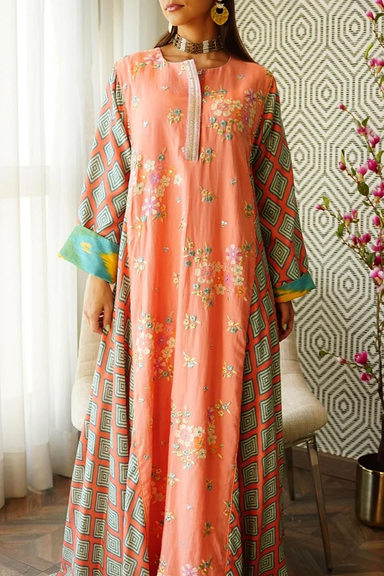Geometric Print Long Sleeve Round Neck Colorful Floral Embroidery Maxi Dresses