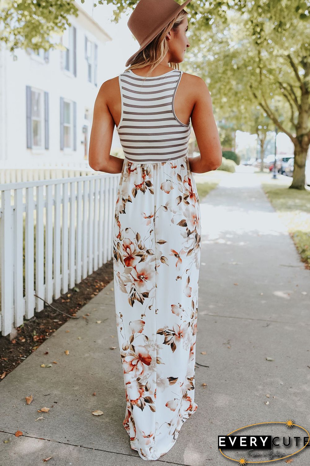 White Striped Floral Print Sleeveless Maxi Dress with Pocket