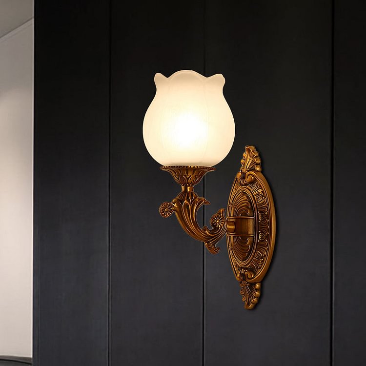 Petal Milk Glass Wall Light Sconce Traditional Stylish 1 Bulb Bedroom Wall Mount Light in Gold