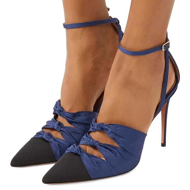 Blue and Black Bows Stiletto Heel Ankle Strap Heels Pumps |FSJ Shoes