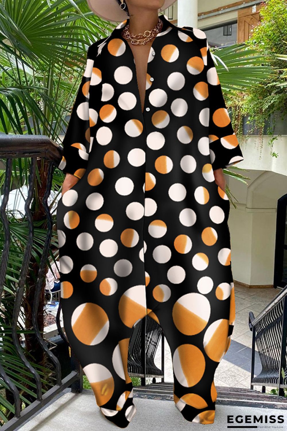 Black Fashion Casual Dot Print Patchwork Turndown Collar Loose Jumpsuits | EGEMISS