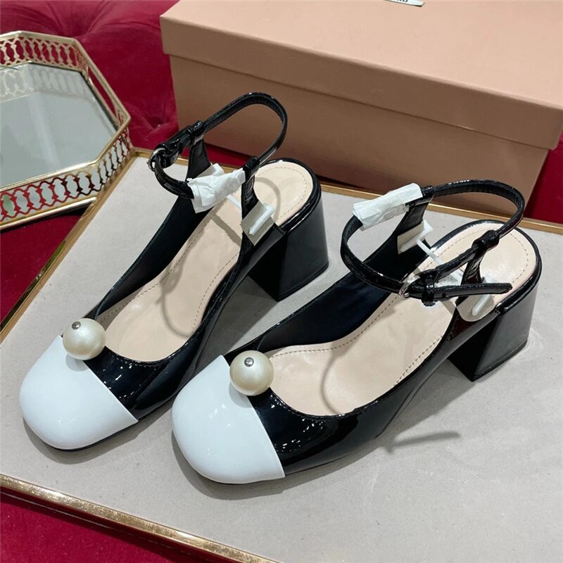 VCSHOES Beaded Pearl Decor Bling Sequins Women Pumps Mixed Color Med Heel Slingbacks Round Toe Party Shoes For Girls