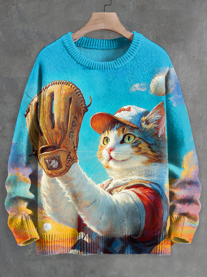 Men's Cat Baseball Player Watercolor Art Print Knit Sweatshirt