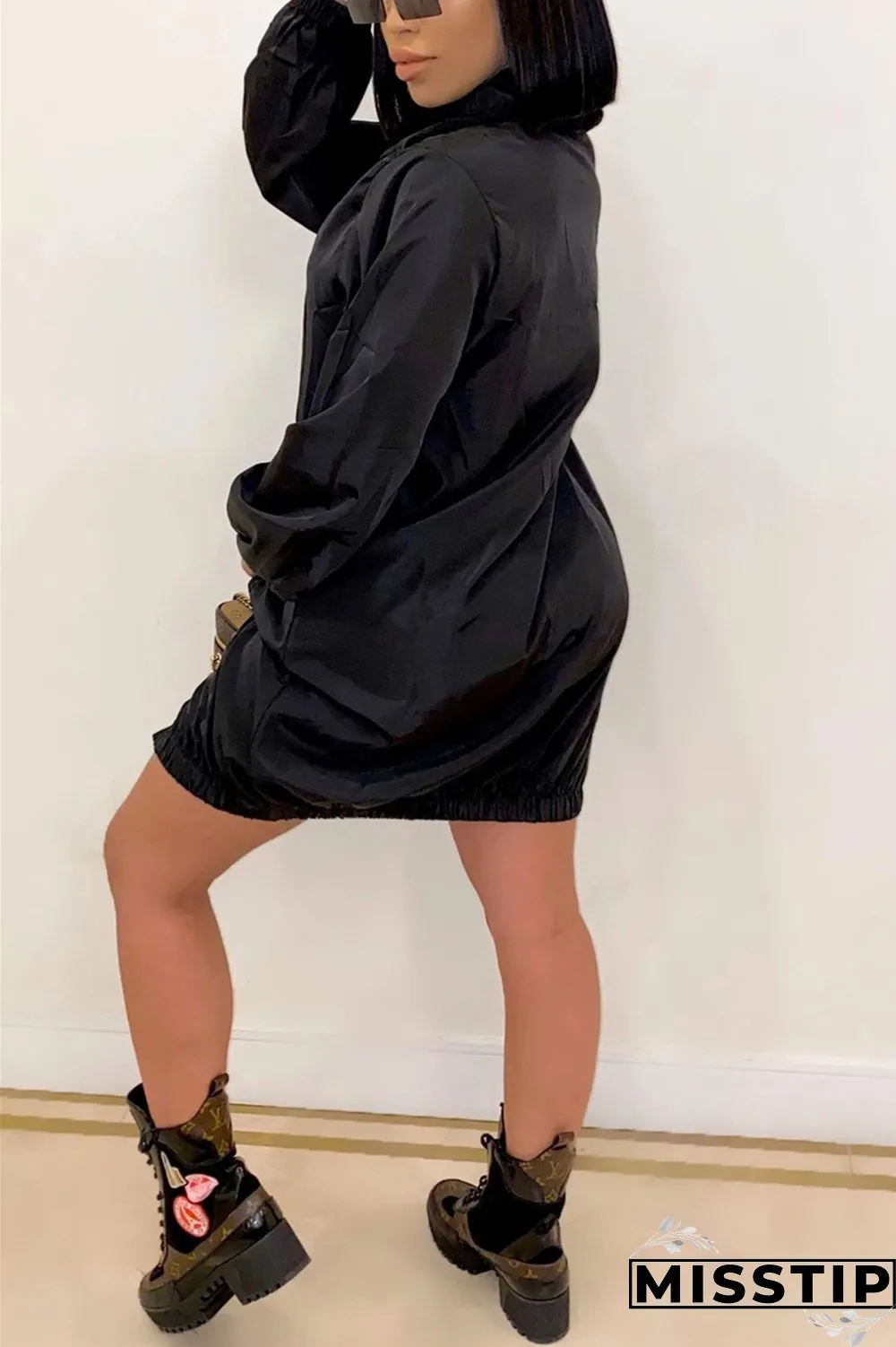 Orange Casual Solid Patchwork Pocket Zipper Collar Long Sleeve A Line Dresses