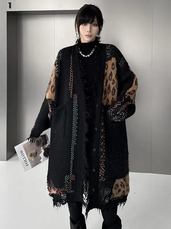 Hipster Long Sleeves Asymmetric Buttoned Contrast Color Leopard Pockets Split-Joint V-Neck Cardigan Tops
