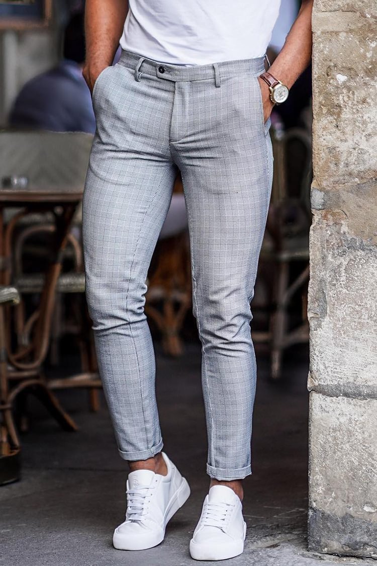 Tiboyz Casual Light Grey Check Cropped Pants