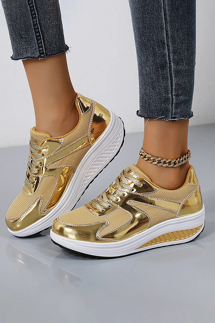 Round Toe Mesh Patchwork Metallic Sheen Lace Up Casual Sneakers
