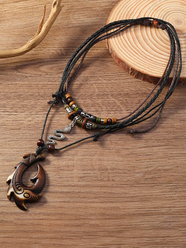 Men's Retro Braided Beaded Alloy Pendant Multi-Layer Necklace